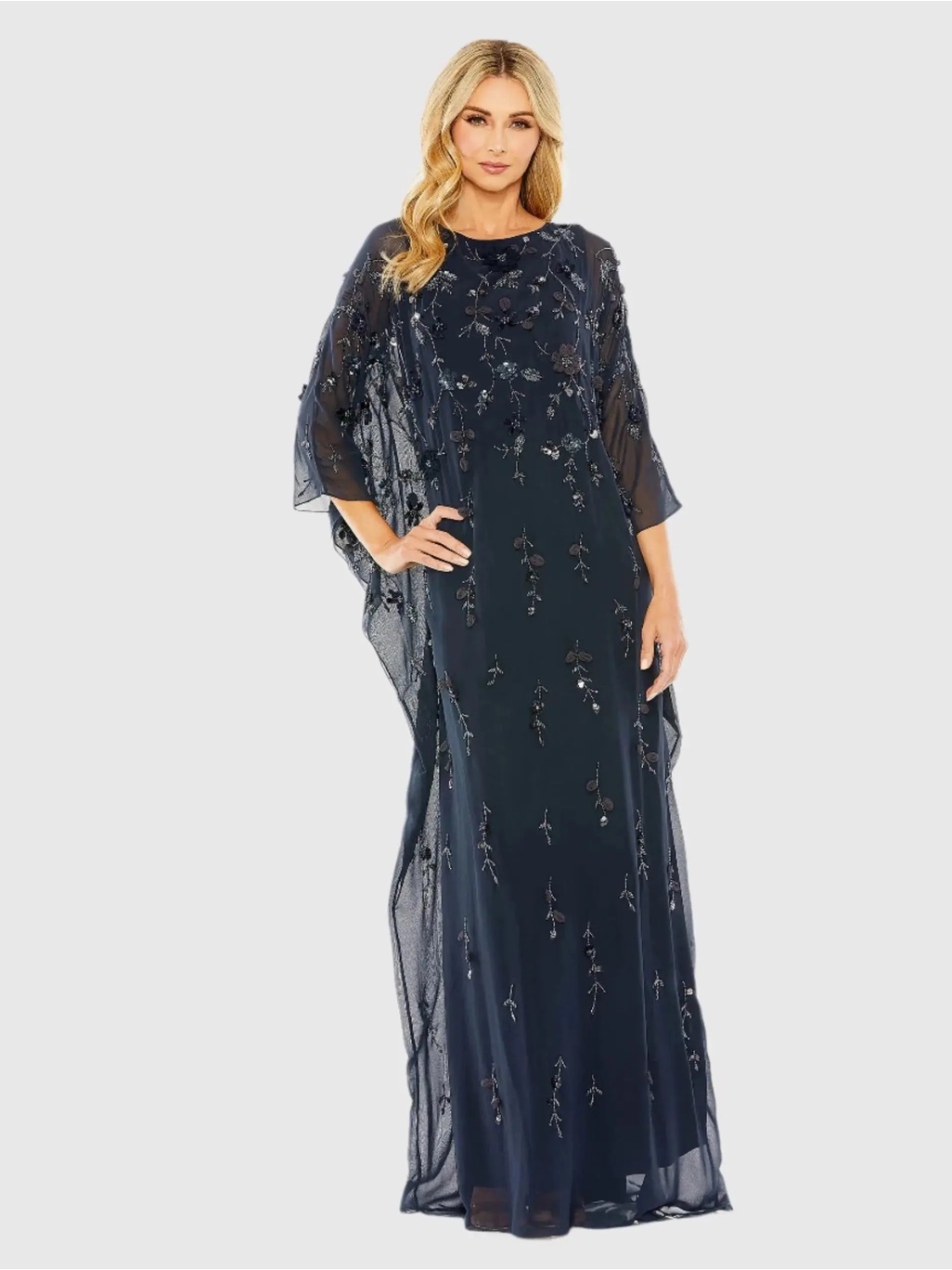 Mac Duggal 9242 Navy Floral Embellished Kaftan Gown Size 12 Nwt